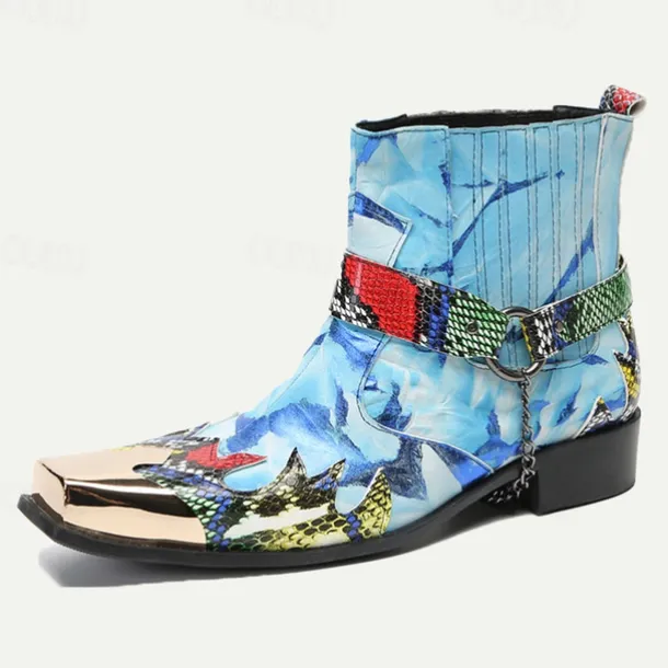 Men's Premium Cowhide Leather Ankle Boots – Colorful Snake Print and Metallic Toe Western Style Motorcycle Boots