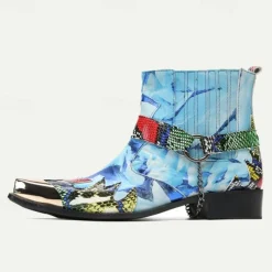 Men's Premium Cowhide Leather Ankle Boots – Colorful Snake Print and Metallic Toe Western Style Motorcycle Boots