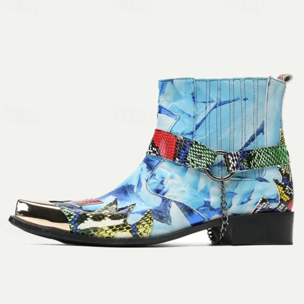 Men's Premium Cowhide Leather Ankle Boots – Colorful Snake Print and Metallic Toe Western Style Motorcycle Boots