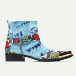 Men's Premium Cowhide Leather Ankle Boots – Colorful Snake Print and Metallic Toe Western Style Motorcycle Boots