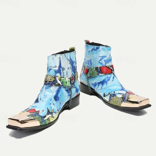 Men's Premium Cowhide Leather Ankle Boots – Colorful Snake Print and Metallic Toe Western Style Motorcycle Boots