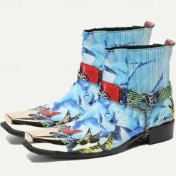 Men's Premium Cowhide Leather Ankle Boots – Colorful Snake Print and Metallic Toe Western Style Motorcycle Boots