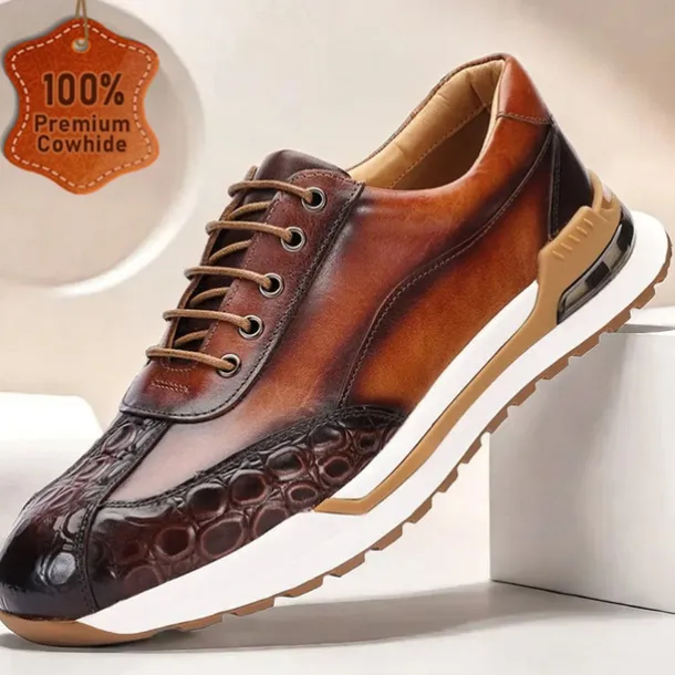 Men's Premium Cowhide Leather Sneakers with Crocodile Texture and Lace-Up Design – Casual Athletic Shoes for Everyday Wear