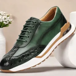 Men's Premium Cowhide Leather Sneakers with Crocodile Texture and Lace-Up Design – Casual Athletic Shoes for Everyday Wear