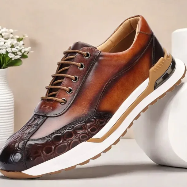Men's Premium Cowhide Leather Sneakers with Crocodile Texture and Lace-Up Design – Casual Athletic Shoes for Everyday Wear