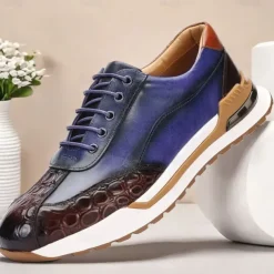 Men's Premium Cowhide Leather Sneakers with Crocodile Texture and Lace-Up Design – Casual Athletic Shoes for Everyday Wear
