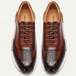 Men's Premium Cowhide Leather Sneakers with Crocodile Texture and Lace-Up Design – Casual Athletic Shoes for Everyday Wear