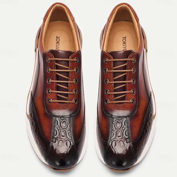 Men's Premium Cowhide Leather Sneakers with Crocodile Texture and Lace-Up Design – Casual Athletic Shoes for Everyday Wear