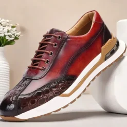 Men's Premium Cowhide Leather Sneakers with Crocodile Texture and Lace-Up Design – Casual Athletic Shoes for Everyday Wear