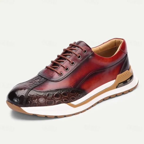 Men's Premium Cowhide Leather Sneakers with Crocodile Texture and Lace-Up Design – Casual Athletic Shoes for Everyday Wear