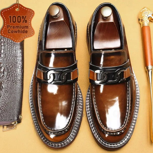 Men's Premium Cowhide Leather Loafers with Glossy Finish, Chain Detail - Formal Dress Shoes for Business, Weddings & Special Occasions