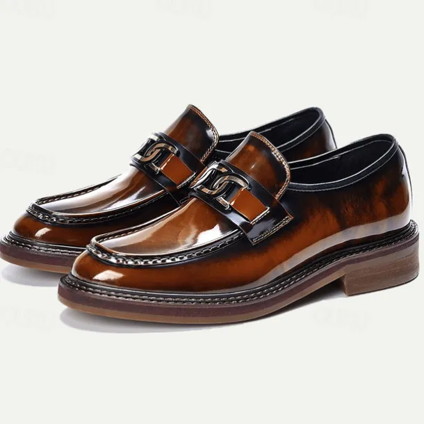 Men's Premium Cowhide Leather Loafers with Glossy Finish, Chain Detail - Formal Dress Shoes for Business, Weddings & Special Occasions