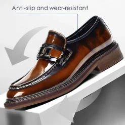 Men's Premium Cowhide Leather Loafers with Glossy Finish, Chain Detail - Formal Dress Shoes for Business, Weddings & Special Occasions
