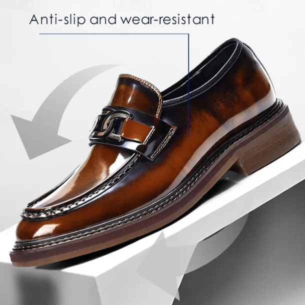 Men's Premium Cowhide Leather Loafers with Glossy Finish, Chain Detail - Formal Dress Shoes for Business, Weddings & Special Occasions