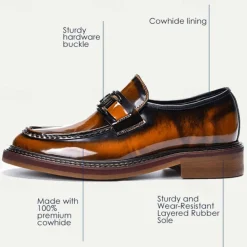 Men's Premium Cowhide Leather Loafers with Glossy Finish, Chain Detail - Formal Dress Shoes for Business, Weddings & Special Occasions