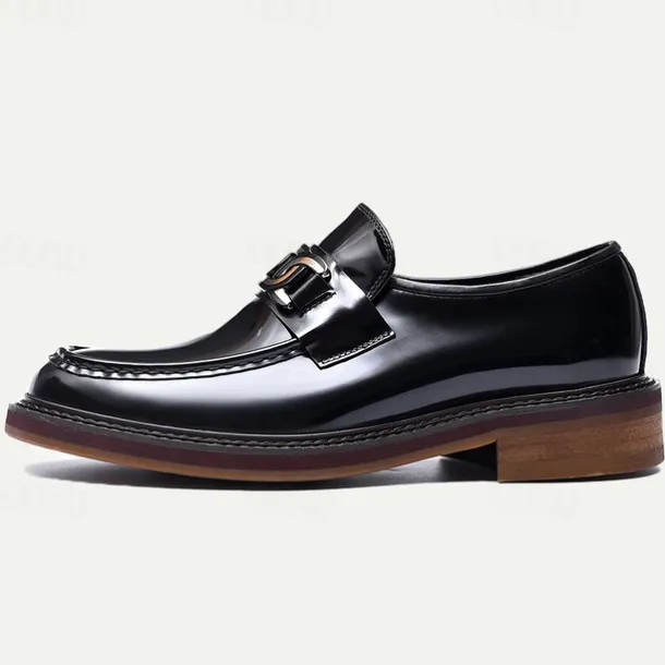 Men's Premium Cowhide Leather Loafers with Glossy Finish, Chain Detail - Formal Dress Shoes for Business, Weddings & Special Occasions