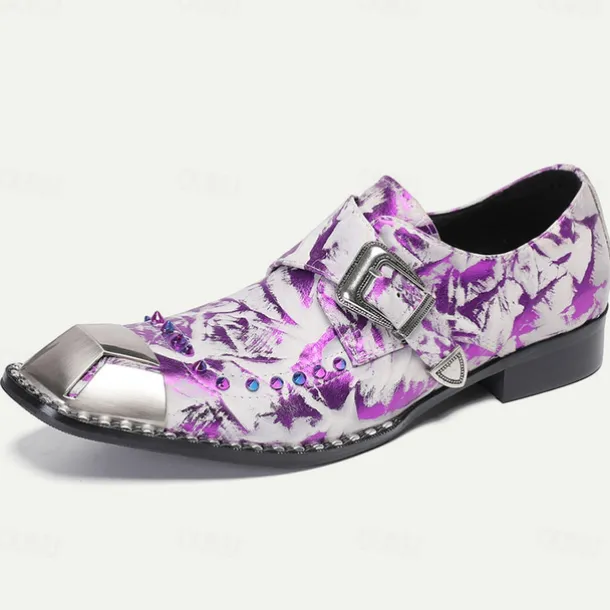Men's Premium Cowhide Leather Punk Style Shoes - Purple Pattern Slip-On with Buckle and Metal Toe Cap