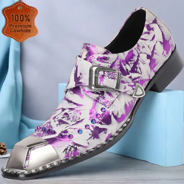 Men's Premium Cowhide Leather Punk Style Shoes - Purple Pattern Slip-On with Buckle and Metal Toe Cap