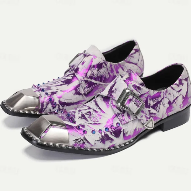 Men's Premium Cowhide Leather Punk Style Shoes - Purple Pattern Slip-On with Buckle and Metal Toe Cap