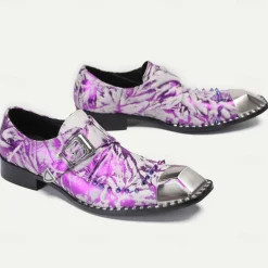 Men's Premium Cowhide Leather Punk Style Shoes - Purple Pattern Slip-On with Buckle and Metal Toe Cap