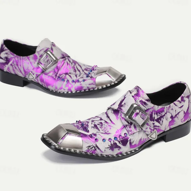 Men's Premium Cowhide Leather Punk Style Shoes - Purple Pattern Slip-On with Buckle and Metal Toe Cap