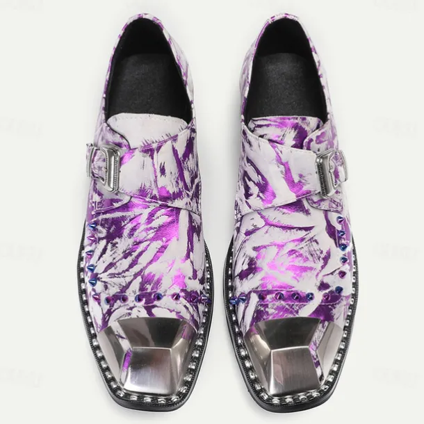 Men's Premium Cowhide Leather Punk Style Shoes - Purple Pattern Slip-On with Buckle and Metal Toe Cap