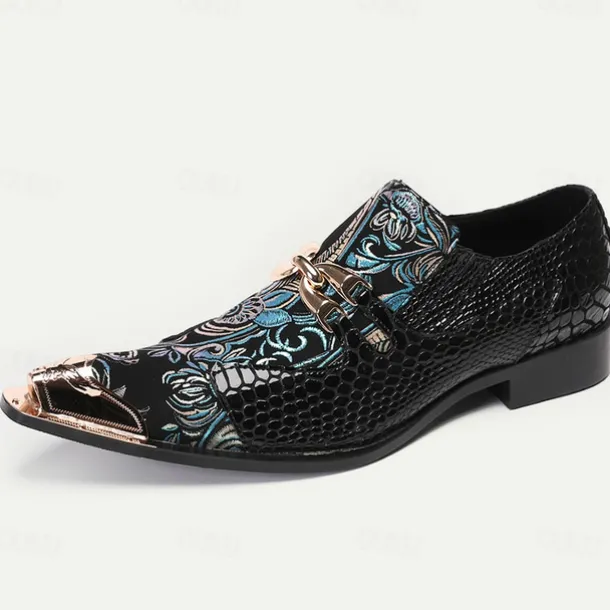 Men's Premium Cowhide Leather Punk Style Loafers - Floral Embroidered Slip-On Shoes with Metal Toe Cap and Buckle