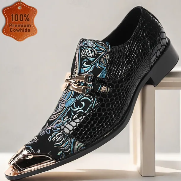 Men's Premium Cowhide Leather Punk Style Loafers - Floral Embroidered Slip-On Shoes with Metal Toe Cap and Buckle