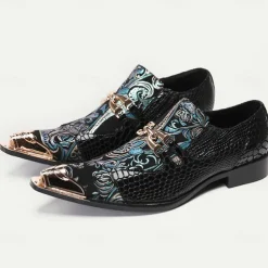 Men's Premium Cowhide Leather Punk Style Loafers - Floral Embroidered Slip-On Shoes with Metal Toe Cap and Buckle