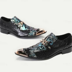 Men's Premium Cowhide Leather Punk Style Loafers - Floral Embroidered Slip-On Shoes with Metal Toe Cap and Buckle