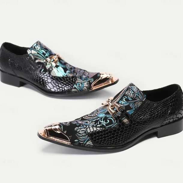 Men's Premium Cowhide Leather Punk Style Loafers - Floral Embroidered Slip-On Shoes with Metal Toe Cap and Buckle