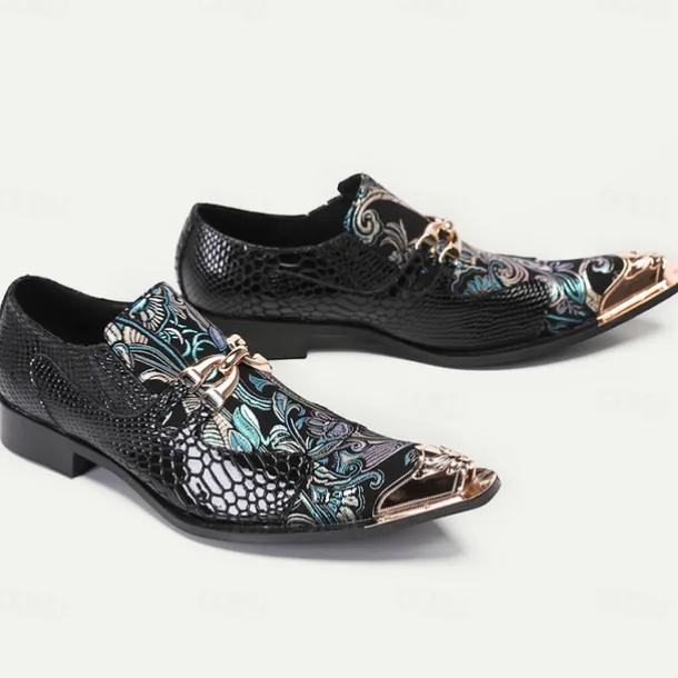 Men's Premium Cowhide Leather Punk Style Loafers - Floral Embroidered Slip-On Shoes with Metal Toe Cap and Buckle
