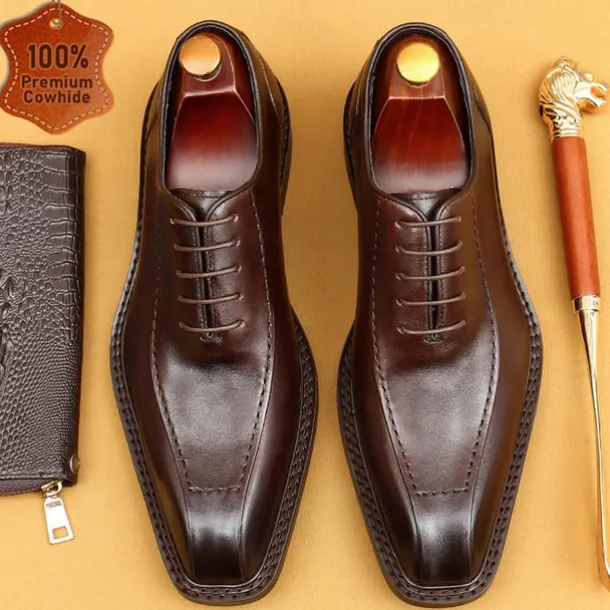 Men's Premium Cowhide Leather Oxford Shoes - Formal Business Dress Footwear with Hand-Stitched Detailing, Ideal for Weddings, Office and Formal Events