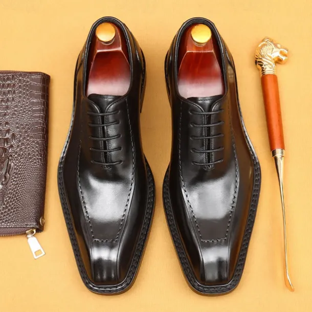 Men's Premium Cowhide Leather Oxford Shoes - Formal Business Dress Footwear with Hand-Stitched Detailing, Ideal for Weddings, Office and Formal Events