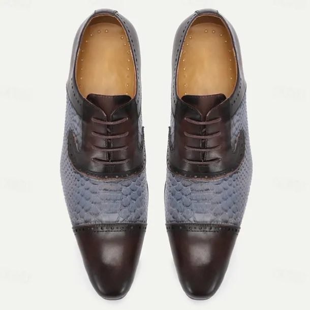 Men's Premium Cowhide Leather Dress Shoes – Genuine Crocodile Embossed Oxford with Classic Lace-Up Design for Formal Events