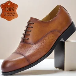 Men's Premium Cowhide Oxford Shoes with Woven Leather Design, Classic Lace-Up Style for Formal and Business Occasions