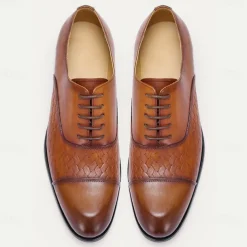 Men's Premium Cowhide Oxford Shoes with Woven Leather Design, Classic Lace-Up Style for Formal and Business Occasions