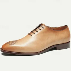 Men's Premium Cowhide Oxford Shoes - Vintage Brogue Lace-Up Dress Shoes with Intricate Engraved Detailing for Formal Occasions