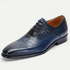 Men's Premium Navy Blue Crocodile Leather Lace-Up Dress Shoes for Exclusive Weddings, Galas and Formal Occasions