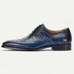 Men's Premium Navy Blue Crocodile Leather Lace-Up Dress Shoes for Exclusive Weddings, Galas and Formal Occasions