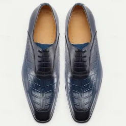 Men's Premium Navy Blue Crocodile Leather Lace-Up Dress Shoes for Exclusive Weddings, Galas and Formal Occasions