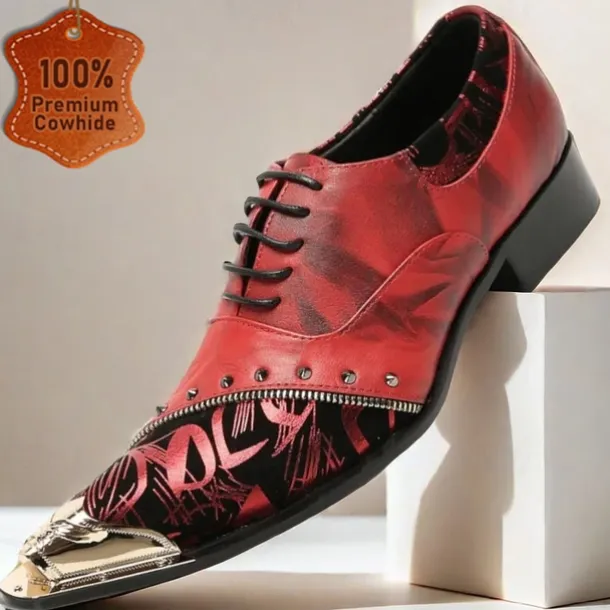Men's Premium Red Leather Dress Shoes with Gold Tip Artistic Print and Studded Detail–Stylish Formal Footwear for Special Occasions
