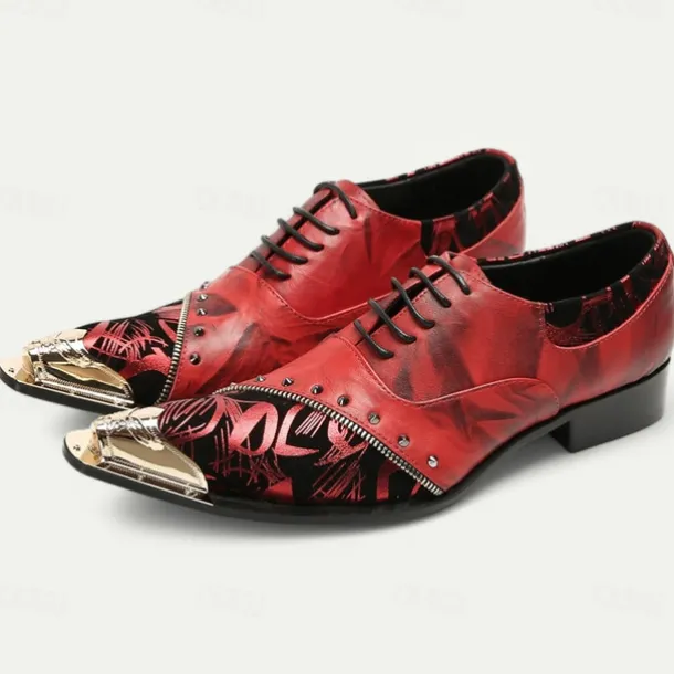 Men's Premium Red Leather Dress Shoes with Gold Tip Artistic Print and Studded Detail–Stylish Formal Footwear for Special Occasions