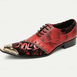 Men's Premium Red Leather Dress Shoes with Gold Tip Artistic Print and Studded Detail–Stylish Formal Footwear for Special Occasions