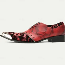 Men's Premium Red Leather Dress Shoes with Gold Tip Artistic Print and Studded Detail–Stylish Formal Footwear for Special Occasions