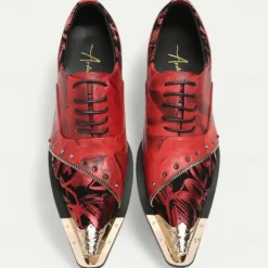 Men's Premium Red Leather Dress Shoes with Gold Tip Artistic Print and Studded Detail–Stylish Formal Footwear for Special Occasions