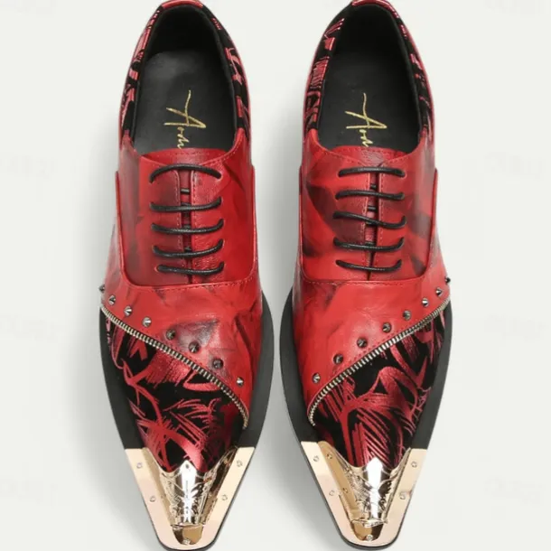 Men's Premium Red Leather Dress Shoes with Gold Tip Artistic Print and Studded Detail–Stylish Formal Footwear for Special Occasions