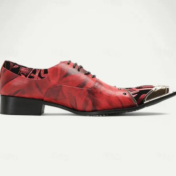 Men's Premium Red Leather Dress Shoes with Gold Tip Artistic Print and Studded Detail–Stylish Formal Footwear for Special Occasions
