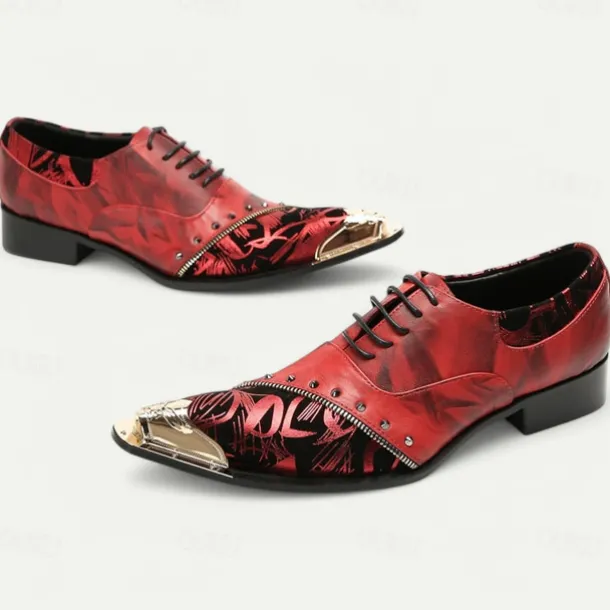 Men's Premium Red Leather Dress Shoes with Gold Tip Artistic Print and Studded Detail–Stylish Formal Footwear for Special Occasions