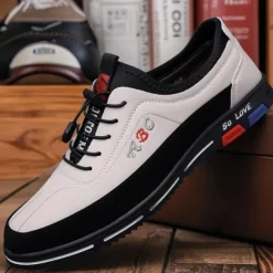 Men's Premium White and Black Faux Leather Lace-Up Sneakers with Vibrant Color Accents for Sports and Leisure